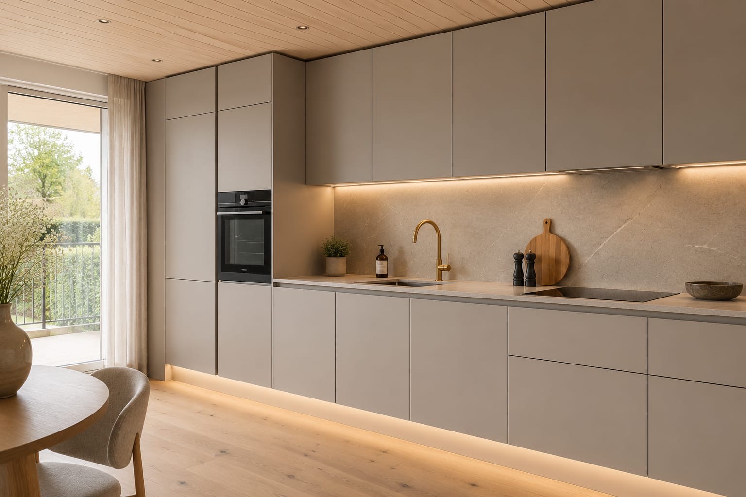Graue Küche mit goldener Armatur von Bauwerk Akzente